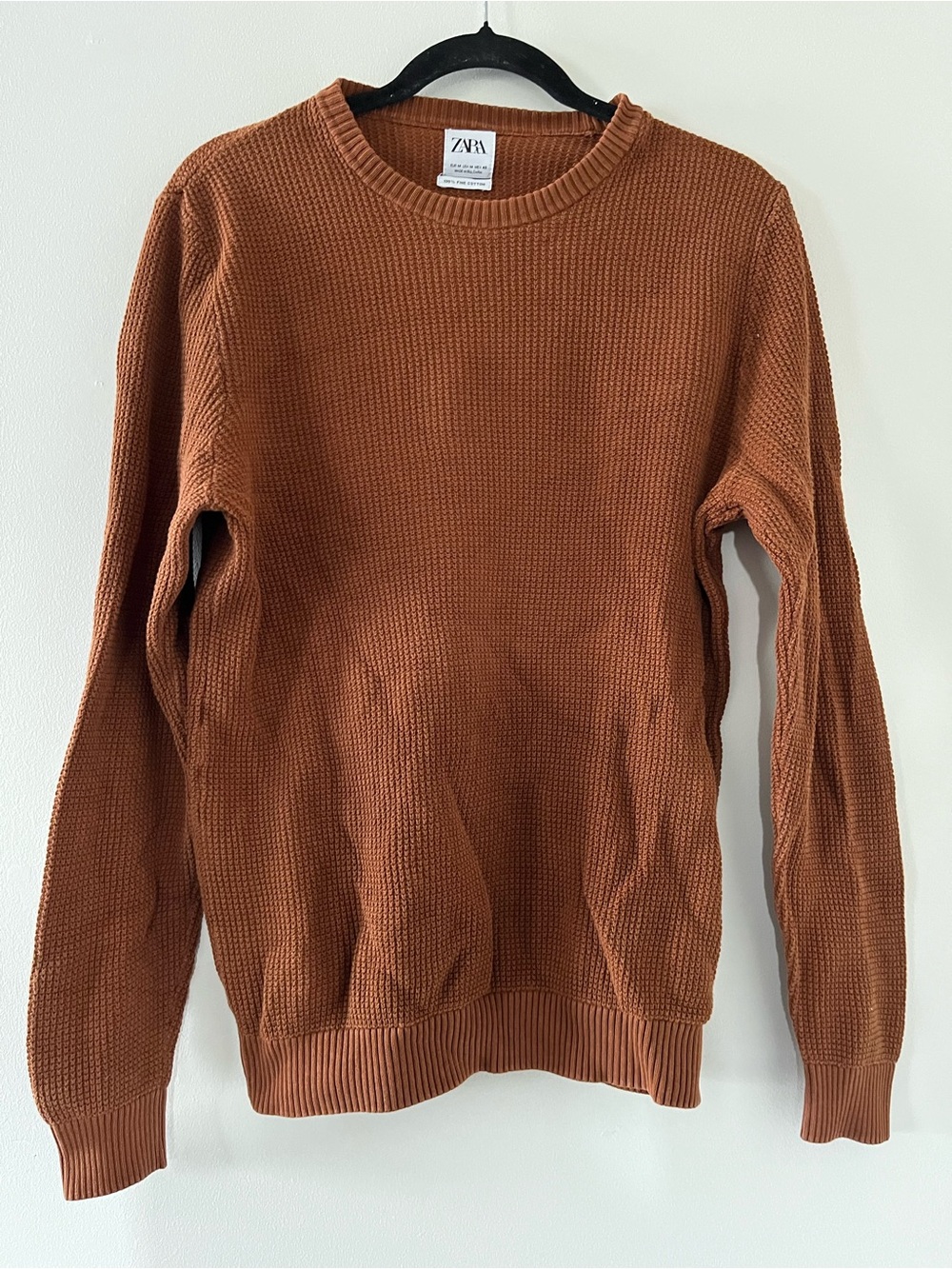 Zara Men's Rust Brown 100% Cotton Waffle Knit Sweater Medium Minimalist Fall